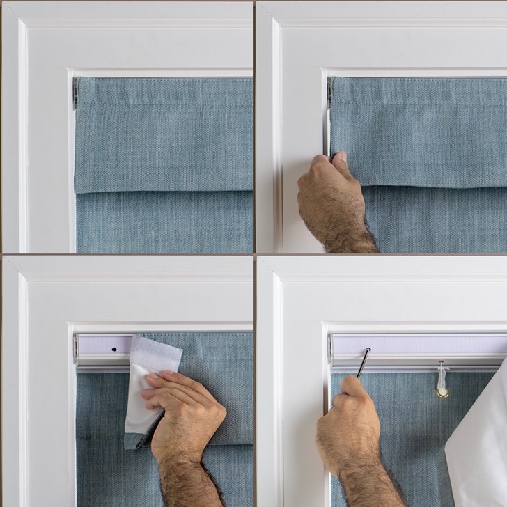 Color: Brooklyn Summer Sky; Lift: Cordless; Fold Style: Plain Fold with Seams; Liner: White Blackout; Valance: 6 In Fabric; Installation: No Drill
