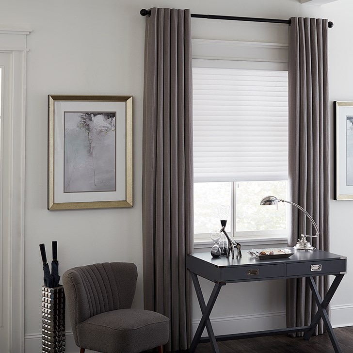 blinds.live Easy Grommet Drapery Panel in pattern Linen Stripe Tan - Smoke paired with blinds.live 2 Inch Radiance Light Filtering Sheer Shade in color Shantung Alpine