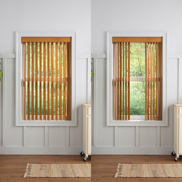 Color: Oak 9254; Control: 36 Inch Wand; Stack: Split; Valance: Square Corner Dust Cover