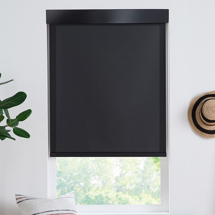 Color: Splendor Black SP08; Lift: Motorized; Bottom Rail: Fabric Wrapped; Headrail: 4 Inch Square Aluminum Fascia in Black; Light Control: Light Filtering