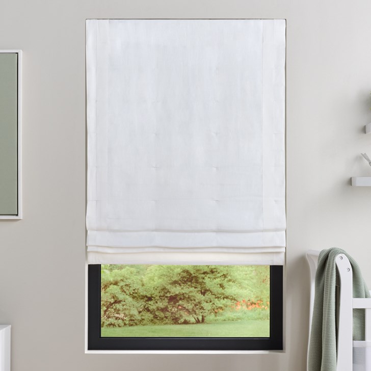 Color: Gent Bright White SW183; Opacity: Blackout; Liner: White; Fold Style: Standard Flat Fold Seamless; Banding: Magnolia; Lift: Cordless