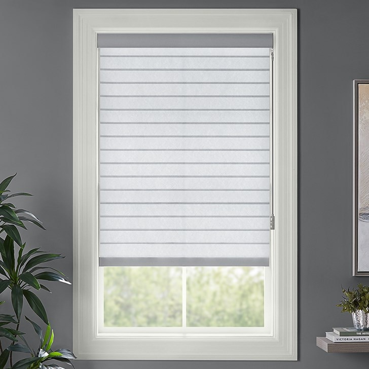 Color: Light Charcoal S70PN821; Lift: Motorized Wand in the Grey color; Headrail: Fabric Wrapped Cassette