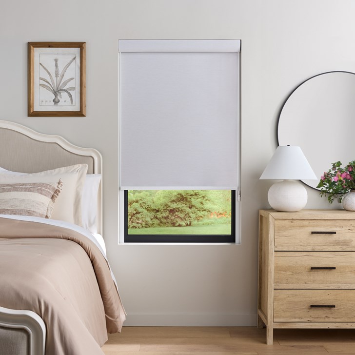 Color: Shawnee Cascade F0828; Opacity: Blackout; Lift: White Plastic Continuous Cord Loop; Valance: Curved Fascia with Fabric Insert; Hem Bar: Plain White; Light Guard: White