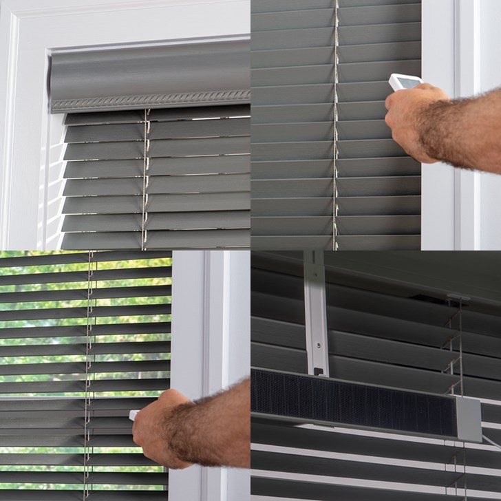 Color: Vintage Storm 1752; Lift: Motorized Lift and Tilt; Power: Solar Panel; Valance: 4 In Cord