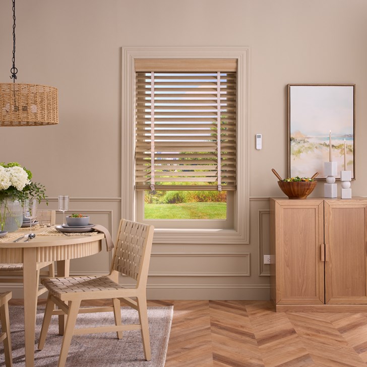 Color: Bastille Latte 1712; Lift and Tilt: Motorized; Cloth Tape: Soft Shell; Valance: 4 In Cord