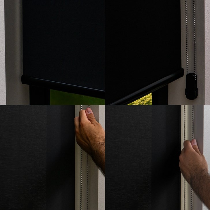 Color: Laramie 1% Pitch F1247; Lift: Continuous Corded Loop Stainless Steel; Roll: Standard; Hem Bar: Plain Black; Valance: Curved Fascia with Fabric Insert