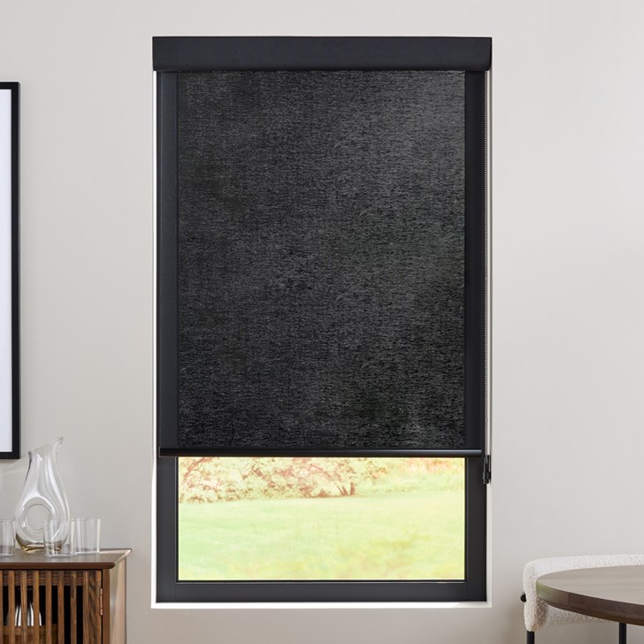 Color: Laramie 1% Pitch F1247; Lift: Stainless Steel Continuous Cord Loop; Hem Bar: Plain Black; Valance: Curved Fascia with Fabric Insert