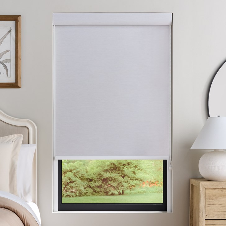 Color: Shawnee Cascade F0828; Opacity: Blackout; Lift: White Plastic Continuous Cord Loop; Valance: Curved Fascia with Fabric Insert; Hem Bar: Plain White; Light Guard: White