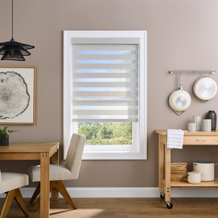 Color: Crete Almond CRE01; Lift: Cordless; Valance: Fabric Wrapped Square Cassette; Bottom Bar: Rounded with Pull Tab
