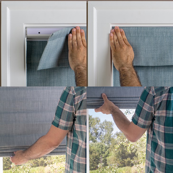 Color: Brooklyn Summer Sky; Lift: Cordless; Fold Style: Plain Fold with Seams; Liner: White Blackout; Valance: 6 In Fabric; Installation: No Drill