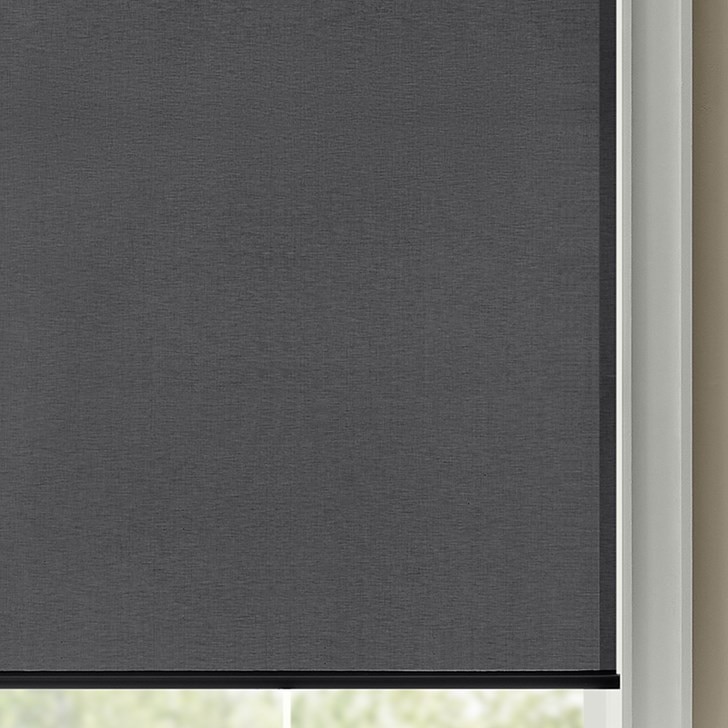 Color: 5% Palermo Shadow; Lift: Cordless; Headrail: 3 Inch Fabric Covered Cassette Valance in the Black color