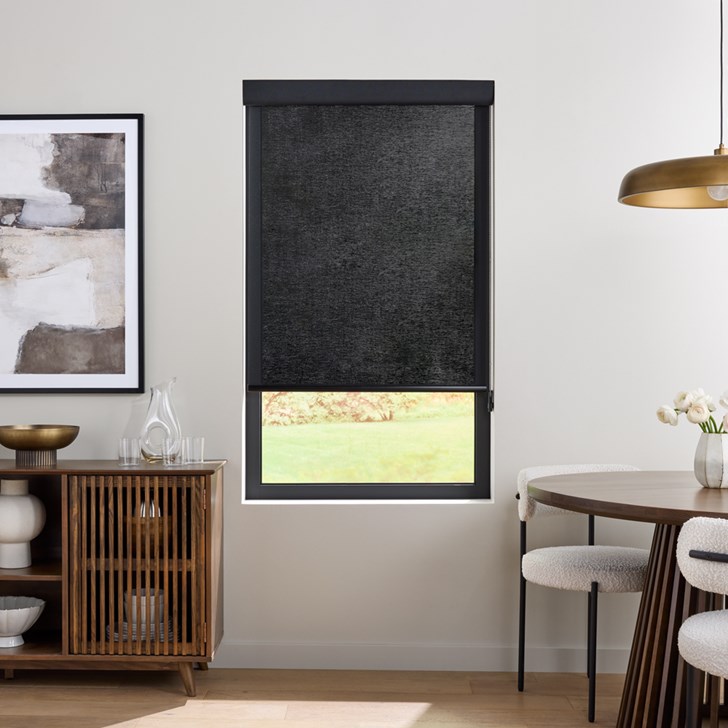 Color: Laramie 1% Pitch F1247; Lift: Stainless Steel Continuous Cord Loop; Hem Bar: Plain Black; Valance: Curved Fascia with Fabric Insert