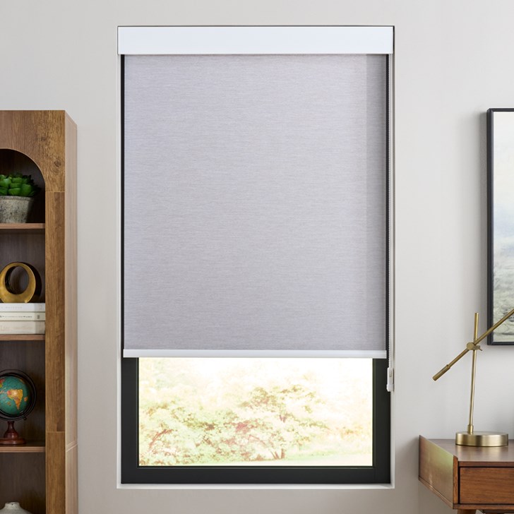 Color: Vantage Fog F0871; Opacity: Light Filtering; Lift: White Plastic Continuous Cord Loop; Valance: White Square Aluminum Fascia; Hem Bar: Plain White