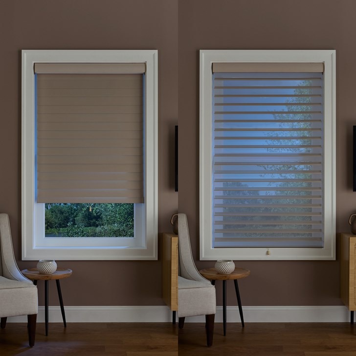 Opacity: Room Darkening; Color: Straw S70PN414D; Lift: Cordless; Valance: Fabric Wrapped Round Cassette; Setting: Night Time